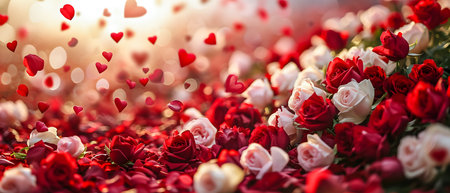 Red and white roses with heart bokeh background, valentines day conceptの素材