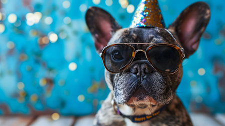 French bulldog wearing glasses and party hat on Christmas backgroundの素材