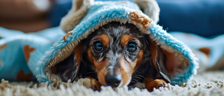 Cute little dachshund puppy lying under a blanket.の素材