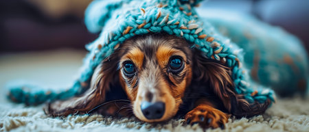 Cute long haired dachshund puppy wearing a blue knitted hat.の素材