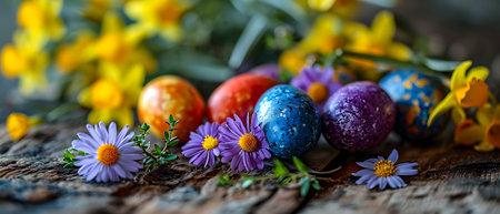 Easter eggs and spring flowers on rustic wooden background, selective focusの素材