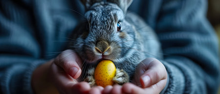 Easter bunny in the hands of a child. Selective focus. nature.の素材