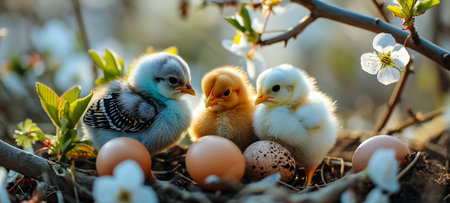 Easter eggs and chicks in a nest on a spring day.の素材