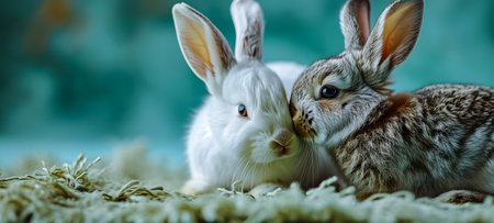 Cute little rabbits on a blue background. Selective focus.の素材