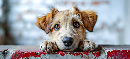 Portrait of a dog with sad eyes looking at the camera.の素材