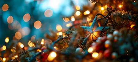 Christmas background with Christmas tree decorations and lights bokeh.の素材