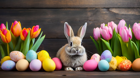 Easter bunny and colorful eggs with tulips on wooden background.の素材