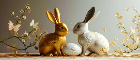 Easter bunny and easter eggs on white background. 3d renderingの素材