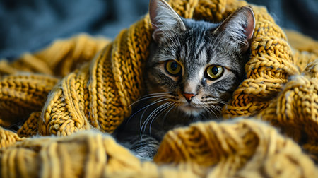 Cute tabby cat wrapped in a warm knitted scarf.の素材