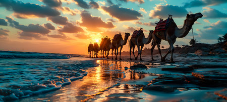 Camel caravan on the beach at sunset. Travel and adventure conceptの素材