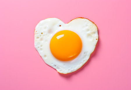 Fried egg in the shape of a heart on a pink backgroundの素材