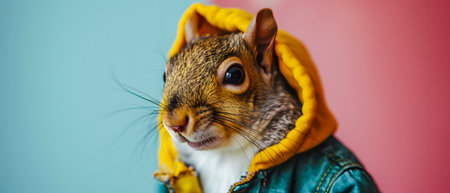 Funny squirrel in a yellow jacket on a colored background. Close up.の素材