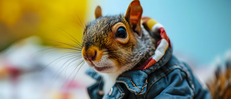 Portrait of a squirrel in a jacket on a blurred background.の素材