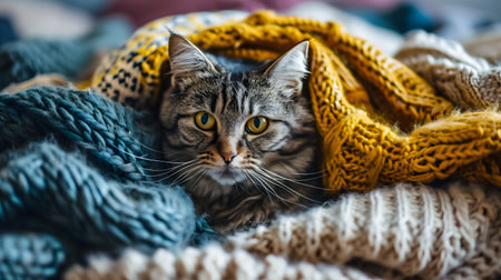 Cute tabby cat wrapped in a warm knitted scarf.の素材