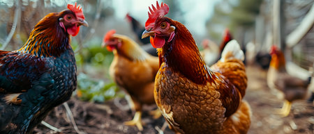chickens on a traditional free range poultry farm in the countrysideの素材
