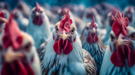 Chickens and roosters on traditional free range poultry farm in Ukraineの素材