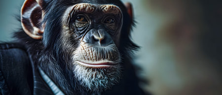 Portrait of a chimpanzee on a dark background. Horizontalの素材