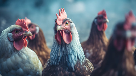 Chickens on traditional free range poultry farm - vintage effect filterの素材