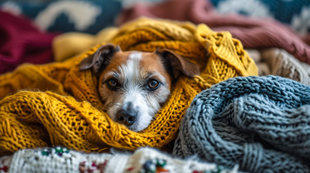 Cute Jack Russell Terrier dog wrapped in a warm knitted scarf lies on the couch.の素材