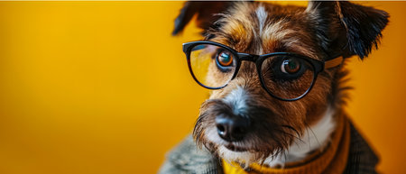 Funny Jack Russell Terrier dog wearing glasses on yellow background.の素材