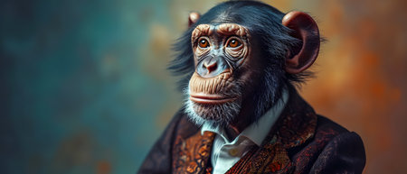 Chimpanzee in a suit and bow tie on a dark backgroundの素材