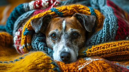 Dog wrapped in a knitted warm scarf lies on the bed.の素材