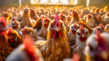 Group of chickens on a farm in the morning light. Selective focus.の素材