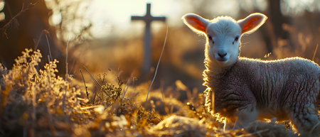 Cute lamb in a meadow with a cross in the background.の素材