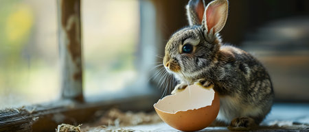 Cute little rabbit sitting on the windowsill and eating an eggの素材