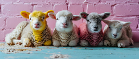 Cute lambs on wooden table with pink brick wall background.の素材