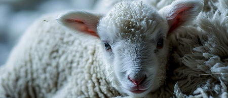 Close-up of a cute lamb lying on a sheep's wool.の素材