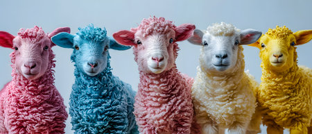 Group of sheep in row on white background, close-up.の素材
