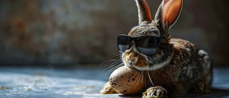 Easter bunny with egg in sunglasses on rustic background. Easter bannersの素材