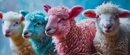 Sheep in a row on a blue background, close-upの素材