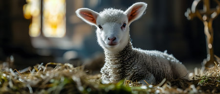 Little lamb in a barn on a farm, close-up.の素材