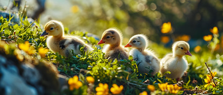 Cute little ducklings on the meadow with yellow flowers.の素材