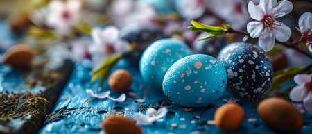 Easter eggs painted in blue color with spring flowers on a blue wooden backgroundの素材