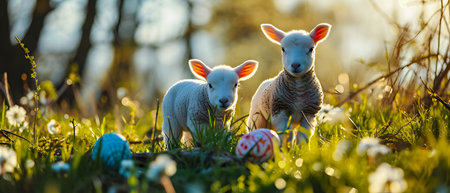 Cute lambs in the meadow with easter eggs.の素材