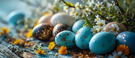 Easter eggs painted in pastel colors with spring flowers on rustic wooden backgroundの素材