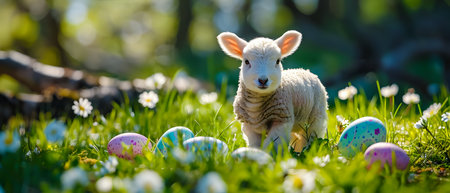 Little lamb and easter eggs on green grass in sunny spring dayの素材