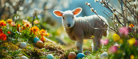 Cute lamb with easter eggs and spring flowers in the gardenの素材