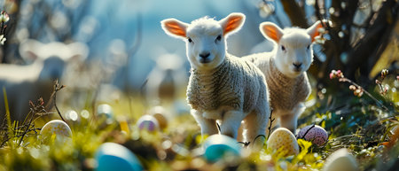 Easter eggs and lambs in the meadow, selective focusの素材