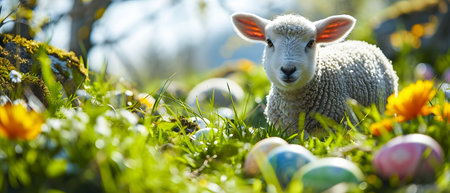 Easter lamb and Easter eggs in green grass, shallow depth of fieldの素材