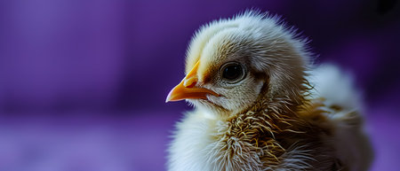 Cute baby chicken on a purple background. Close up.の素材