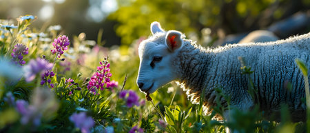 Sheep in the meadow with pink flowers. Spring landscape.の素材