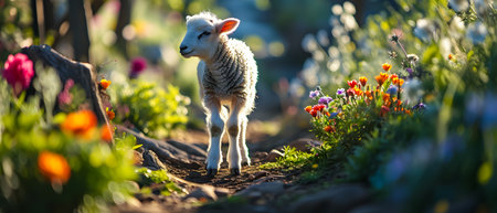 Little lamb in the spring meadow with tulips. Shallow depth of field.の素材