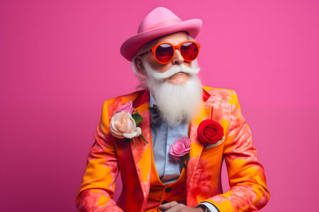 Portrait of senior man with long white beard wearing stylish clothes and sunglasses on pink backgroundの素材