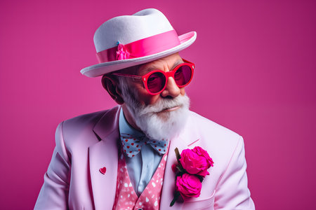 Portrait of a stylish senior man in a pink suit and hat.の素材