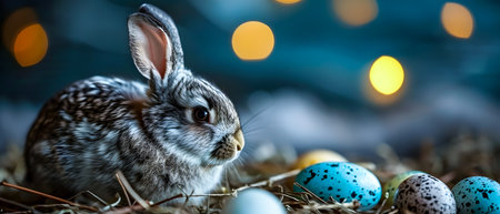 Easter bunny and eggs in nest with bokeh lights on backgroundの素材