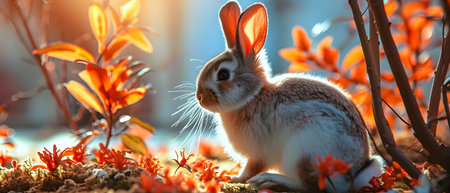 Cute little rabbit sitting in the grass and looking at camera.の素材